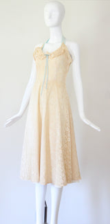 "Cream Lace & Velvet" Vintage 1940's Cream Lace & Blue Velvet Halter-neck Dress UK 8 US 4