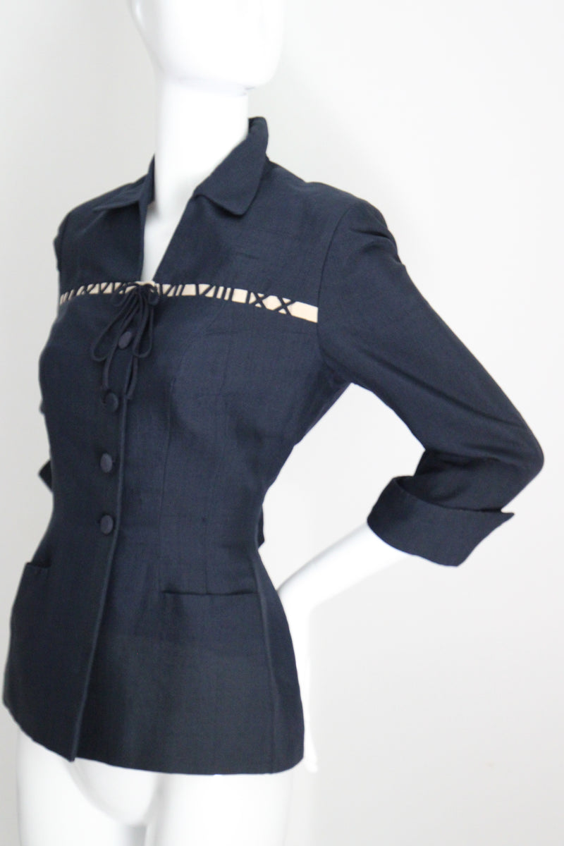 "The Timekeeper" Vintage 1940's Navy Blue Silk & Roman Numeral Jacket UK 8 US 4