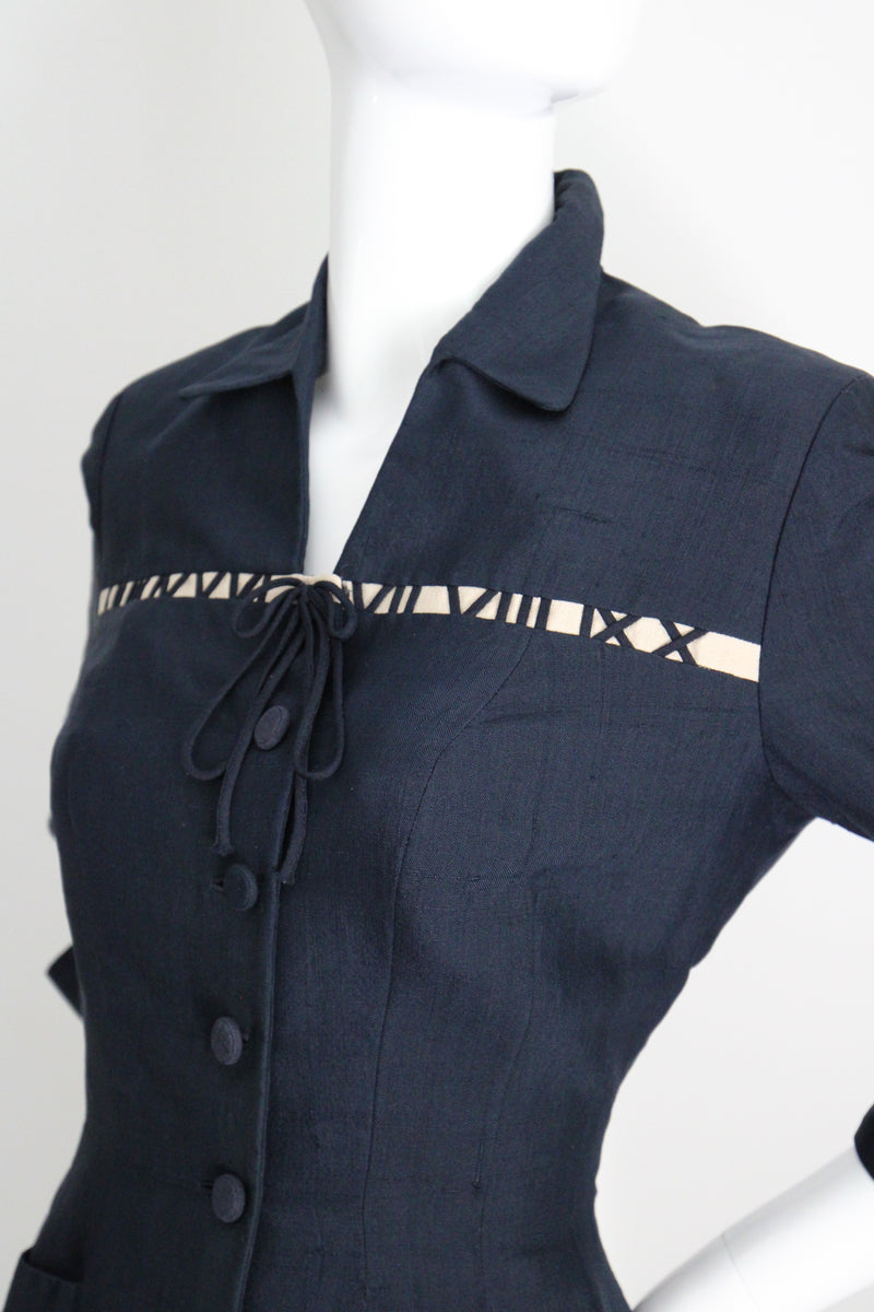 "The Timekeeper" Vintage 1940's Navy Blue Silk & Roman Numeral Jacket UK 8 US 4