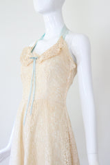 "Cream Lace & Velvet" Vintage 1940's Cream Lace & Blue Velvet Halter-neck Dress UK 8 US 4