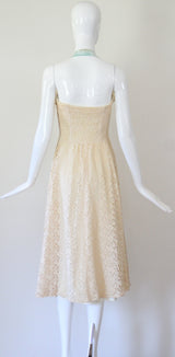 "Cream Lace & Velvet" Vintage 1940's Cream Lace & Blue Velvet Halter-neck Dress UK 8 US 4