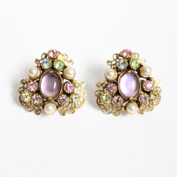 "Pastel Rhinestones & Pearls" Vintage 1950's Selro Rhinestone Filigree Clip on Earrings