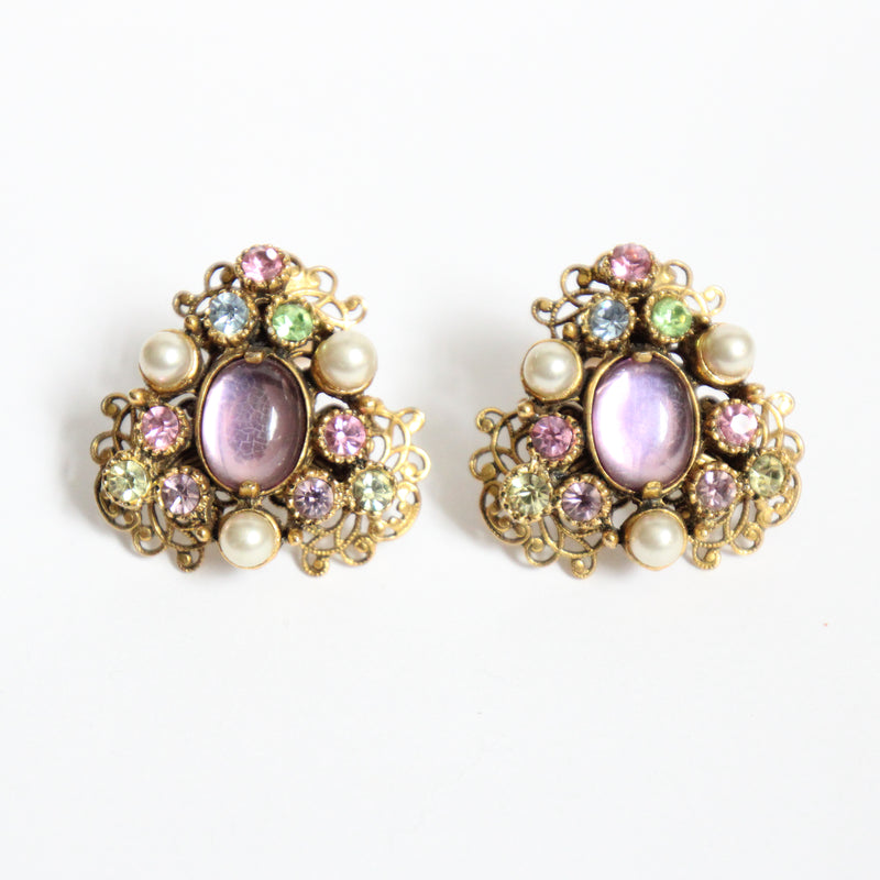 "Pastel Rhinestones & Pearls" Vintage 1950's Selro Rhinestone Filigree Clip on Earrings
