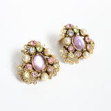 "Pastel Rhinestones & Pearls" Vintage 1950's Selro Rhinestone Filigree Clip on Earrings