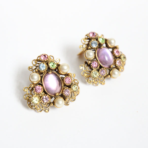 "Pastel Rhinestones & Pearls" Vintage 1950's Selro Rhinestone Filigree Clip on Earrings