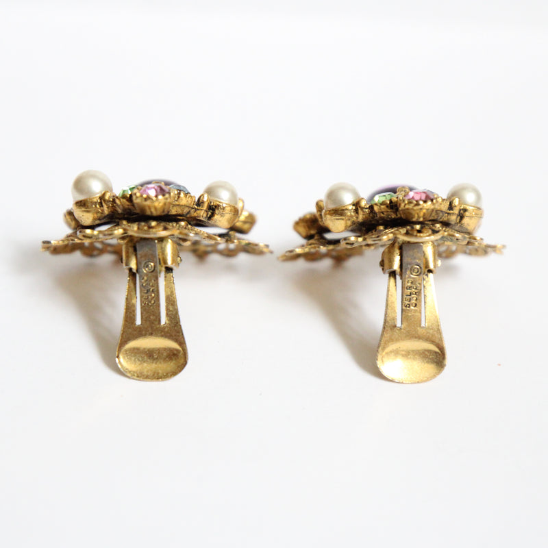 "Pastel Rhinestones & Pearls" Vintage 1950's Selro Rhinestone Filigree Clip on Earrings