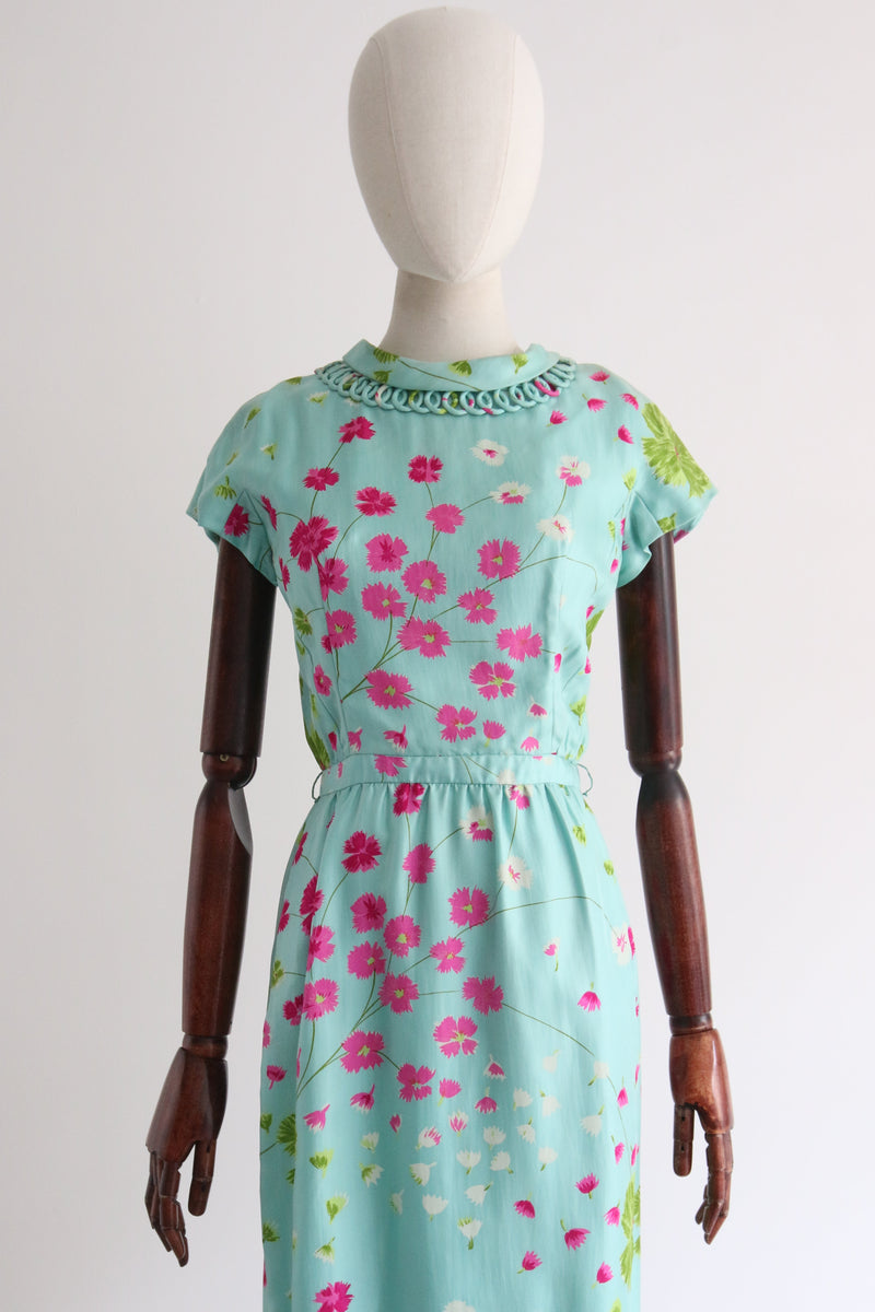 "Fuchsias In The Wind" Vintage 1950's Twill Silk Floral Dress UK 8 US 4