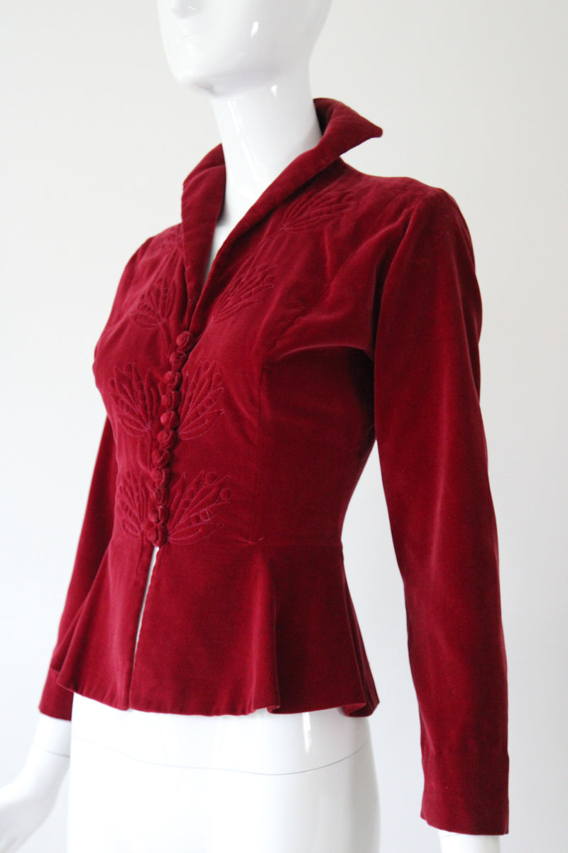 "Autumn Velvet" Vintage 1940's Berry Red Velvet Jacket UK 8 US 4