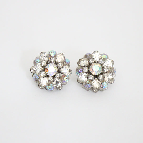 "Iridescent Beads & Rhinestones" Vintage 1950's Iridescent Bead & Rhinestone Clip on Earrings