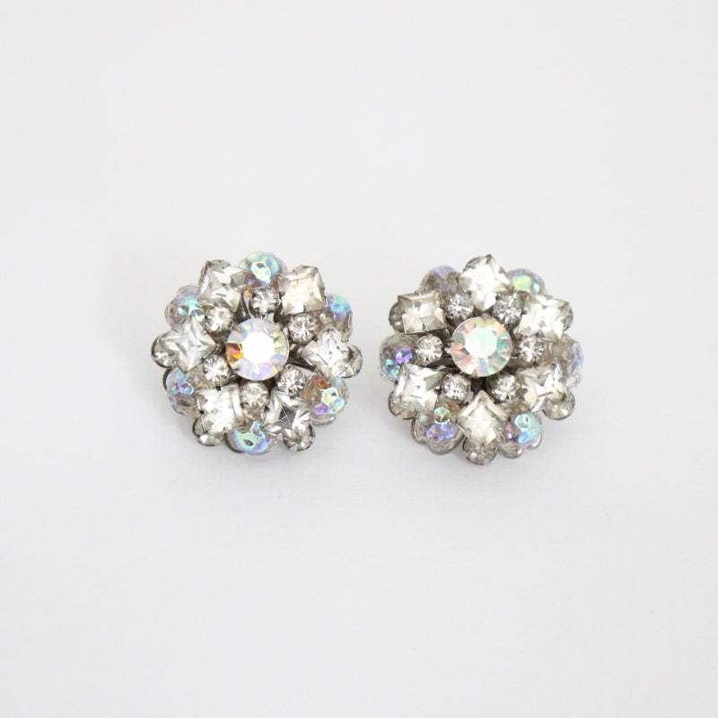 "Iridescent Beads & Rhinestones" Vintage 1950's Iridescent Bead & Rhinestone Clip on Earrings
