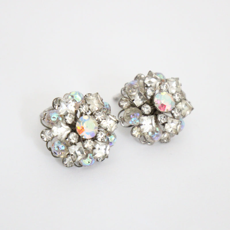 "Iridescent Beads & Rhinestones" Vintage 1950's Iridescent Bead & Rhinestone Clip on Earrings