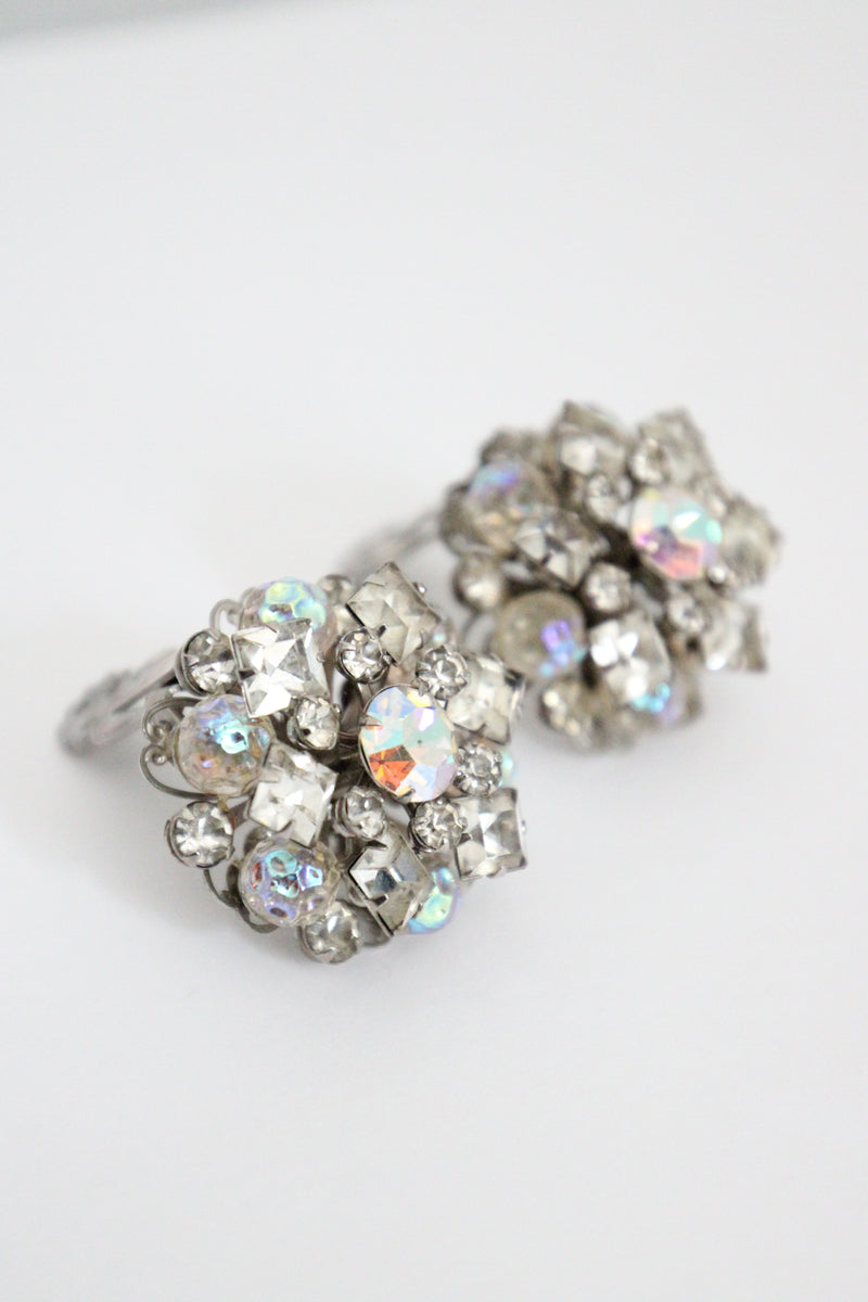 "Iridescent Beads & Rhinestones" Vintage 1950's Iridescent Bead & Rhinestone Clip on Earrings