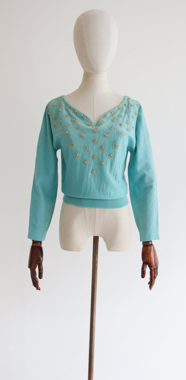 "Gold Spirals" Vintage 1960's Turquoise Wool Embellished Jumper UK 10-12 US 6-8