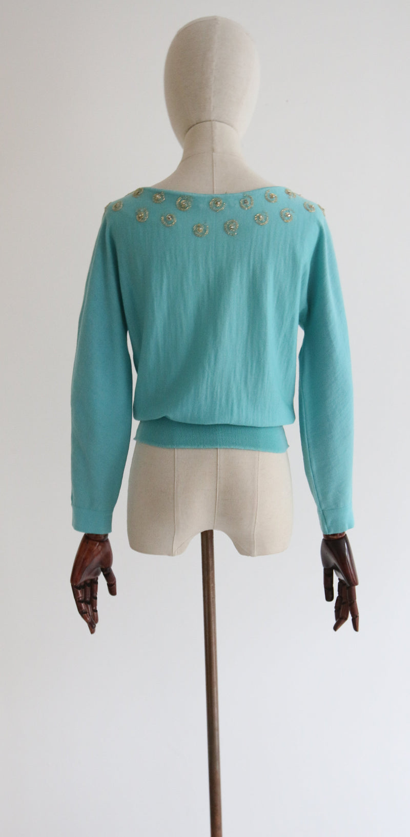 "Gold Spirals" Vintage 1960's Turquoise Wool Embellished Jumper UK 10-12 US 6-8