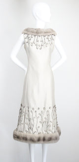 "Silver Silk & Rhinestones" Vintage 1960's Shantung Silk & Beadwork Cocktail Dress UK 10-12 US 6-8
