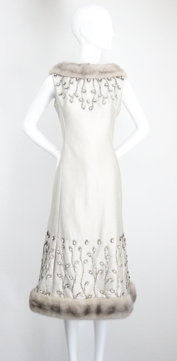 "Silver Silk & Rhinestones" Vintage 1960's Shantung Silk & Beadwork Cocktail Dress UK 10-12 US 6-8