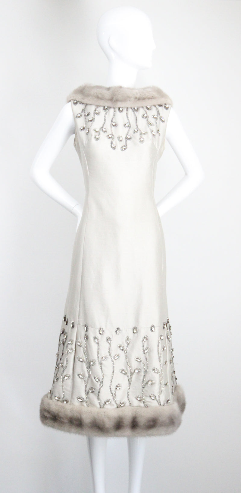 "Silver Silk & Rhinestones" Vintage 1960's Shantung Silk & Beadwork Cocktail Dress UK 10-12 US 6-8