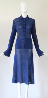 "Fluted Knit" Vintage 1930's Navy Blue Knitwear Suit UK 14 US 10