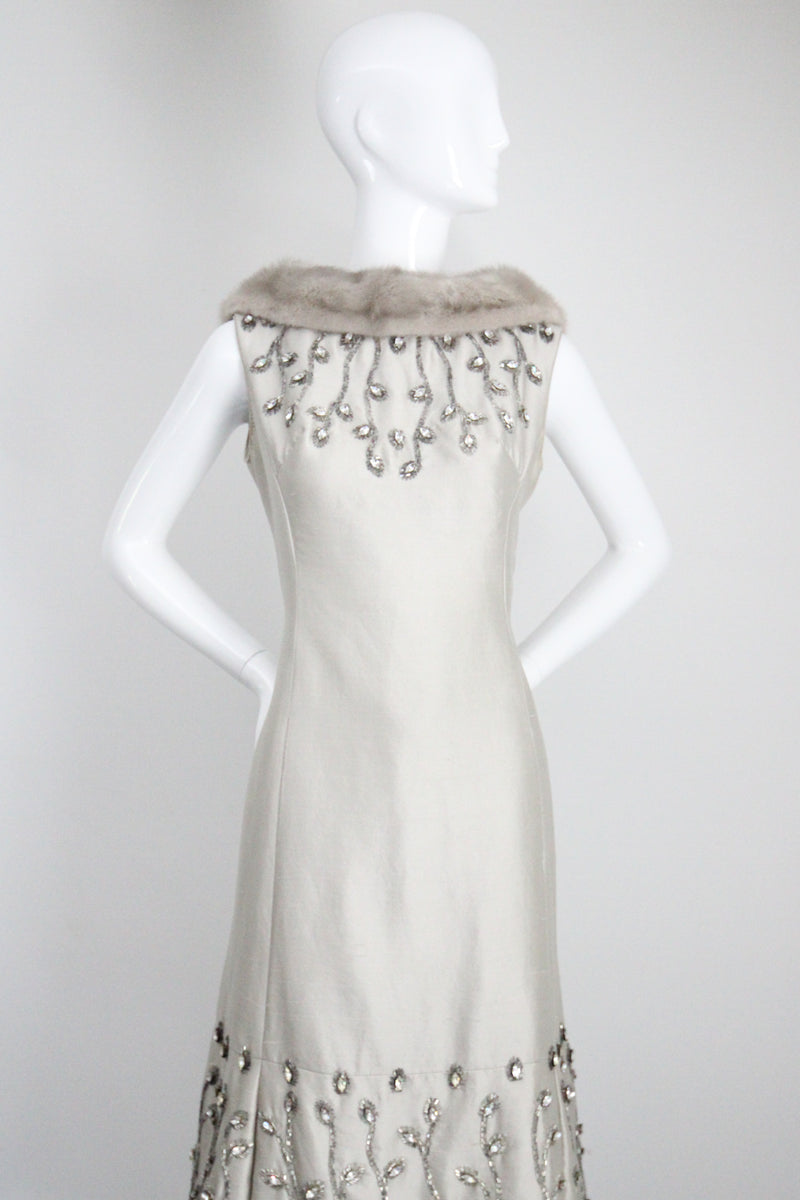 "Silver Silk & Rhinestones" Vintage 1960's Shantung Silk & Beadwork Cocktail Dress UK 10-12 US 6-8