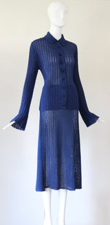 "Fluted Knit" Vintage 1930's Navy Blue Knitwear Suit UK 14 US 10