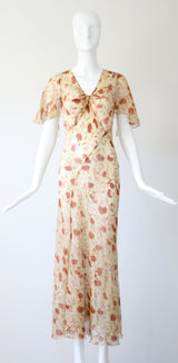 "Fall Florals" Vintage 1930's Floral Silk Chiffon Bias Cut Dress UK 10 US 6