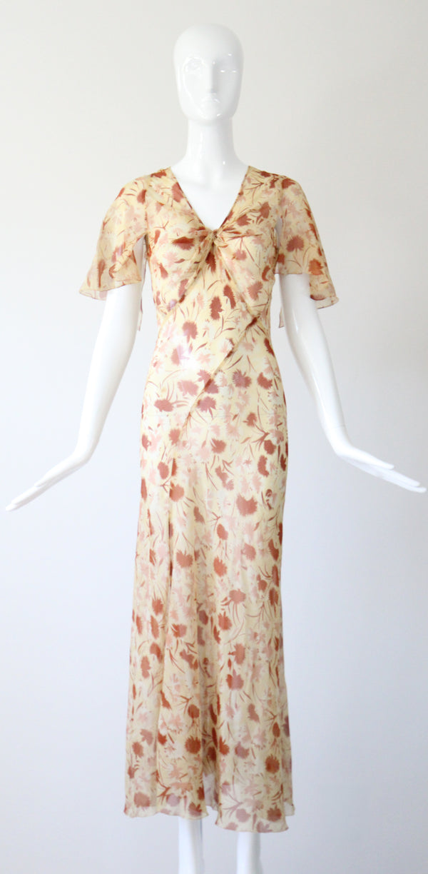 "Fall Florals" Vintage 1930's Floral Silk Chiffon Bias Cut Dress UK 10 US 6