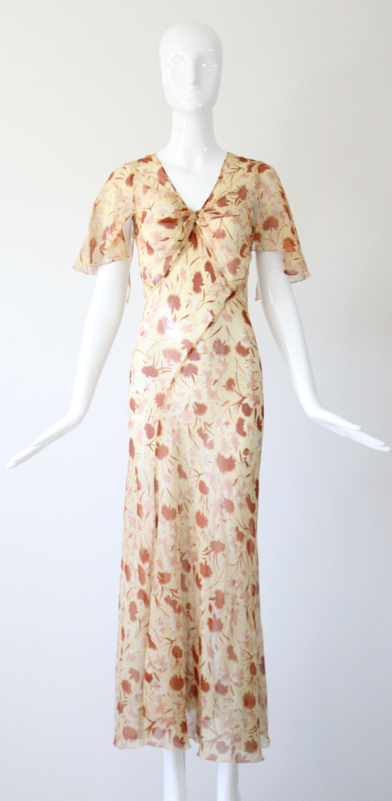 "Fall Florals" Vintage 1930's Floral Silk Chiffon Bias Cut Dress UK 10 US 6