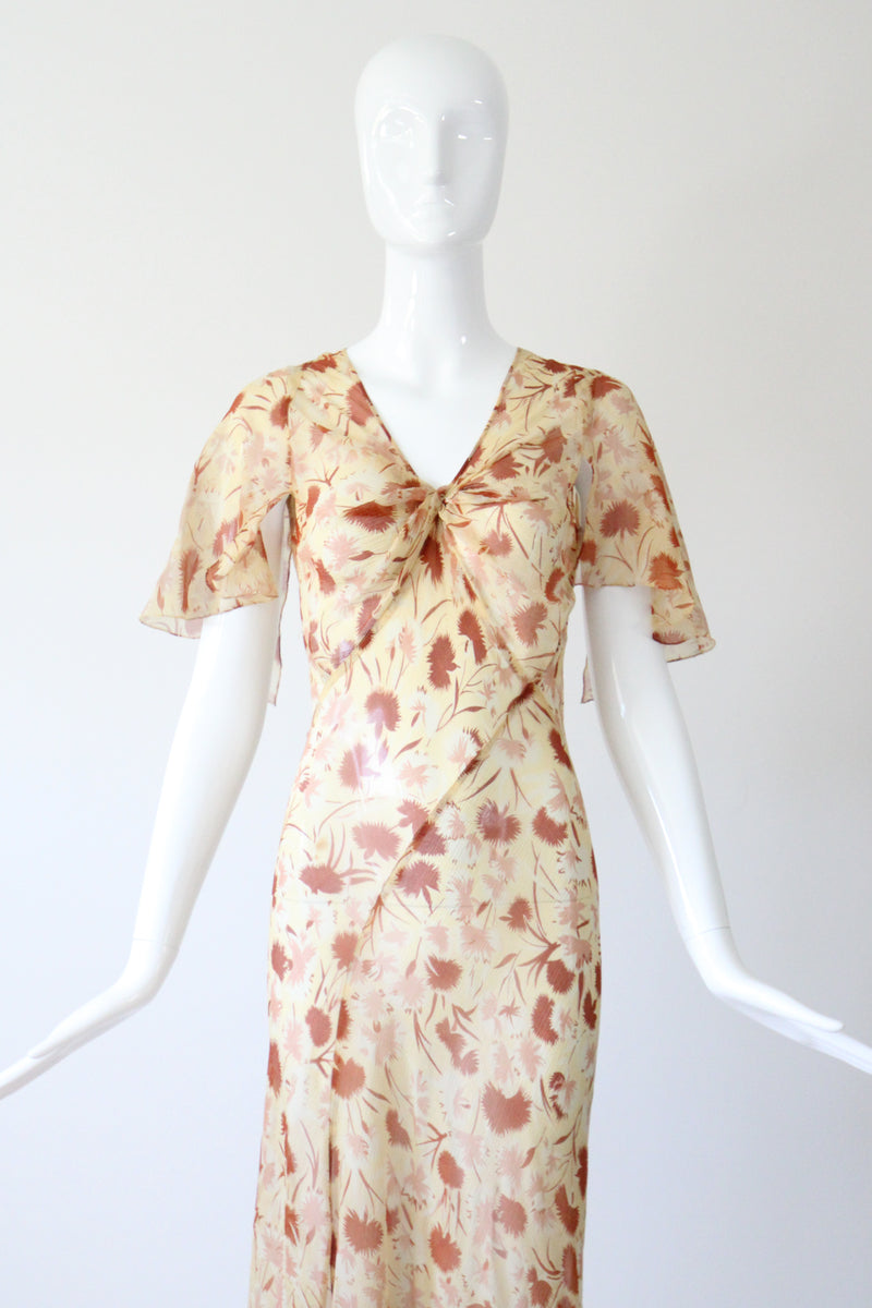 "Fall Florals" Vintage 1930's Floral Silk Chiffon Bias Cut Dress UK 10 US 6