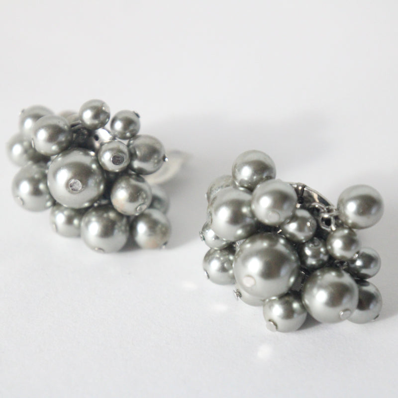 "Silver Beaded Clusters" Vintage 1960's Silver Beaded Cluster Clip on Earrings