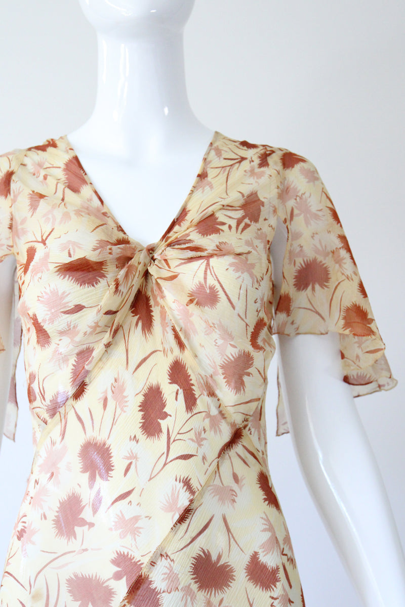 "Fall Florals" Vintage 1930's Floral Silk Chiffon Bias Cut Dress UK 10 US 6