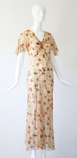 "Fall Florals" Vintage 1930's Floral Silk Chiffon Bias Cut Dress UK 10 US 6