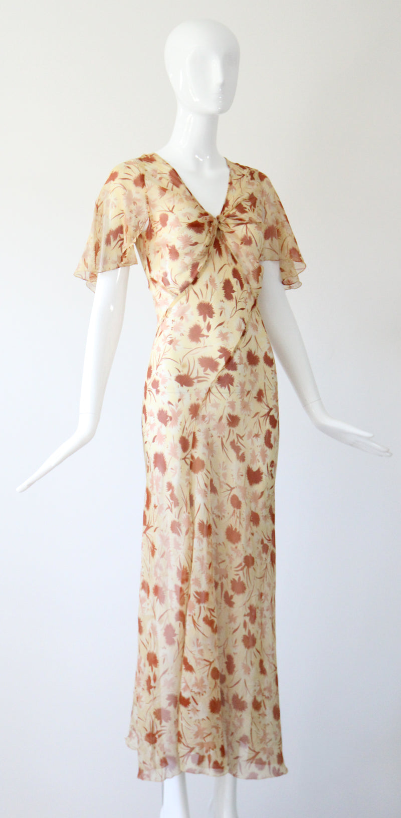 "Fall Florals" Vintage 1930's Floral Silk Chiffon Bias Cut Dress UK 10 US 6