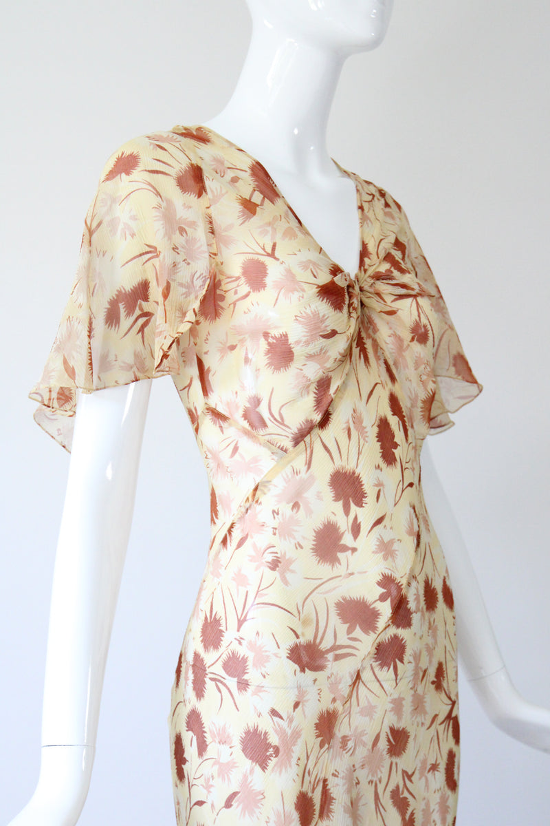 "Fall Florals" Vintage 1930's Floral Silk Chiffon Bias Cut Dress UK 10 US 6