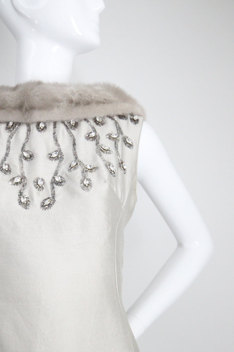 "Silver Silk & Rhinestones" Vintage 1960's Shantung Silk & Beadwork Cocktail Dress UK 10-12 US 6-8