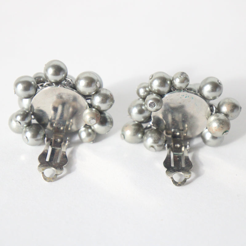 "Silver Beaded Clusters" Vintage 1960's Silver Beaded Cluster Clip on Earrings