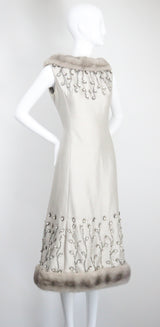 "Silver Silk & Rhinestones" Vintage 1960's Shantung Silk & Beadwork Cocktail Dress UK 10-12 US 6-8
