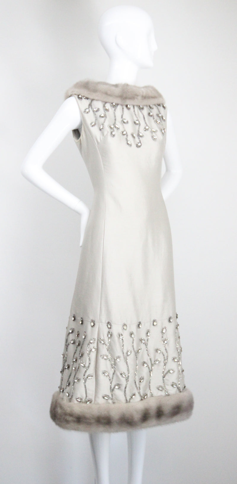 "Silver Silk & Rhinestones" Vintage 1960's Shantung Silk & Beadwork Cocktail Dress UK 10-12 US 6-8