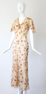 "Fall Florals" Vintage 1930's Floral Silk Chiffon Bias Cut Dress UK 10 US 6