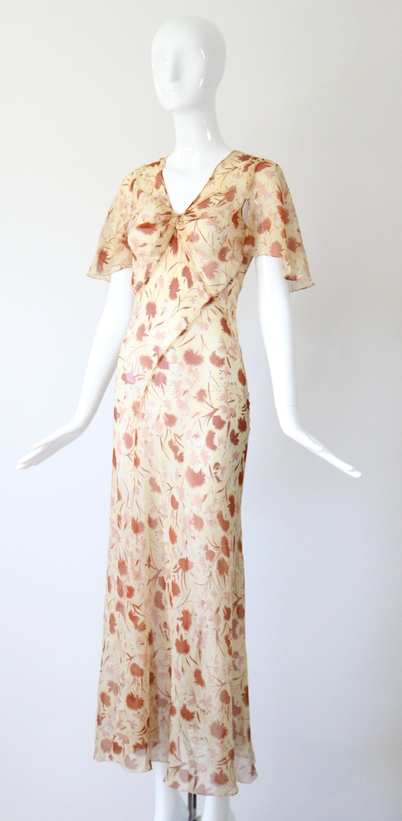 "Fall Florals" Vintage 1930's Floral Silk Chiffon Bias Cut Dress UK 10 US 6