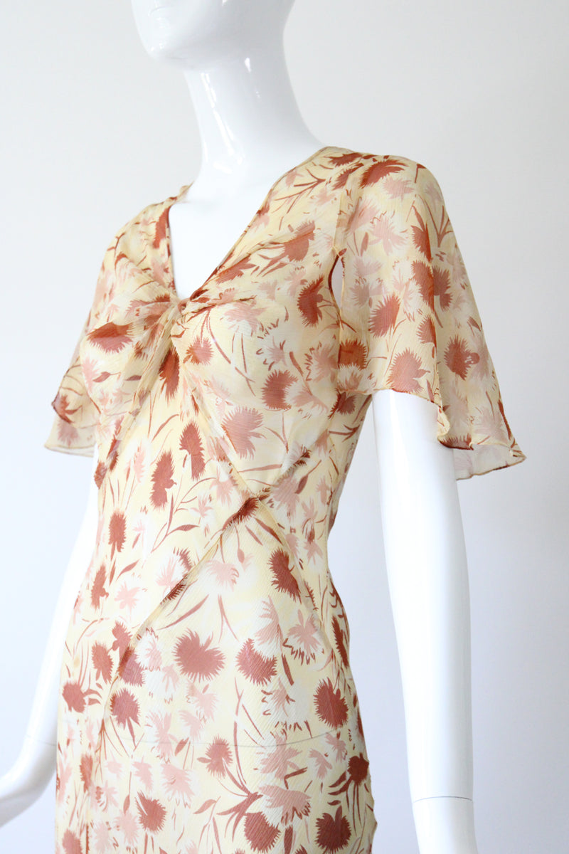 "Fall Florals" Vintage 1930's Floral Silk Chiffon Bias Cut Dress UK 10 US 6