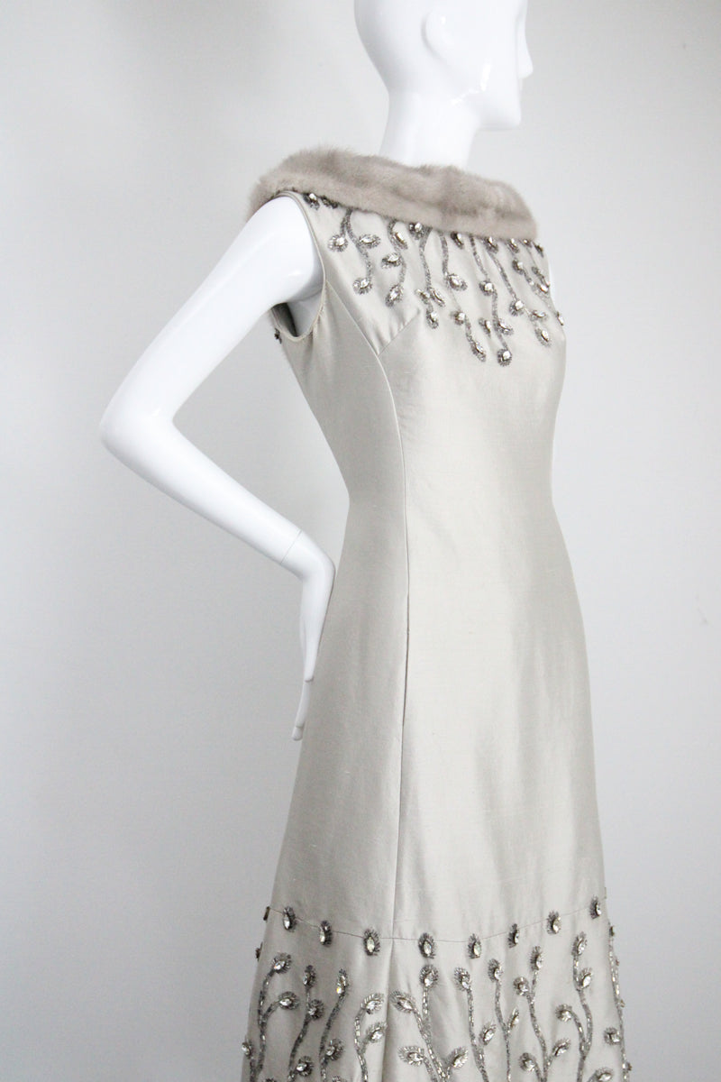 "Silver Silk & Rhinestones" Vintage 1960's Shantung Silk & Beadwork Cocktail Dress UK 10-12 US 6-8
