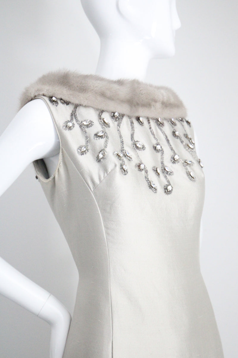 "Silver Silk & Rhinestones" Vintage 1960's Shantung Silk & Beadwork Cocktail Dress UK 10-12 US 6-8