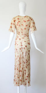 "Fall Florals" Vintage 1930's Floral Silk Chiffon Bias Cut Dress UK 10 US 6