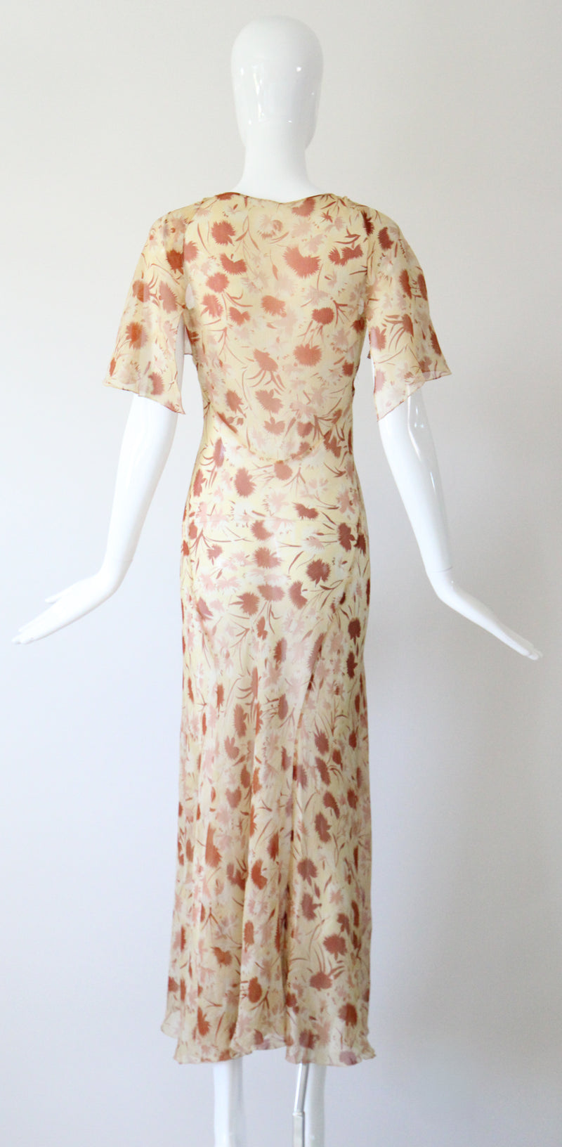 "Fall Florals" Vintage 1930's Floral Silk Chiffon Bias Cut Dress UK 10 US 6