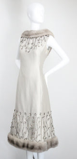"Silver Silk & Rhinestones" Vintage 1960's Shantung Silk & Beadwork Cocktail Dress UK 10-12 US 6-8