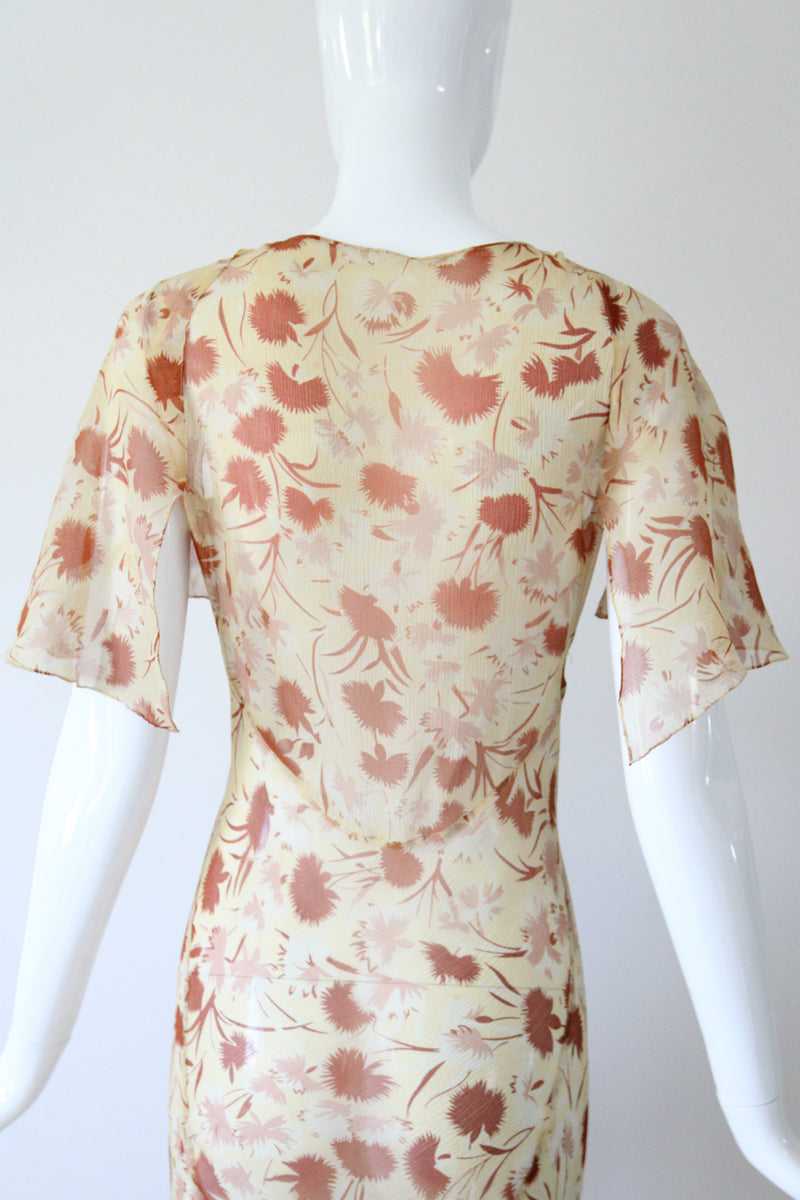"Fall Florals" Vintage 1930's Floral Silk Chiffon Bias Cut Dress UK 10 US 6