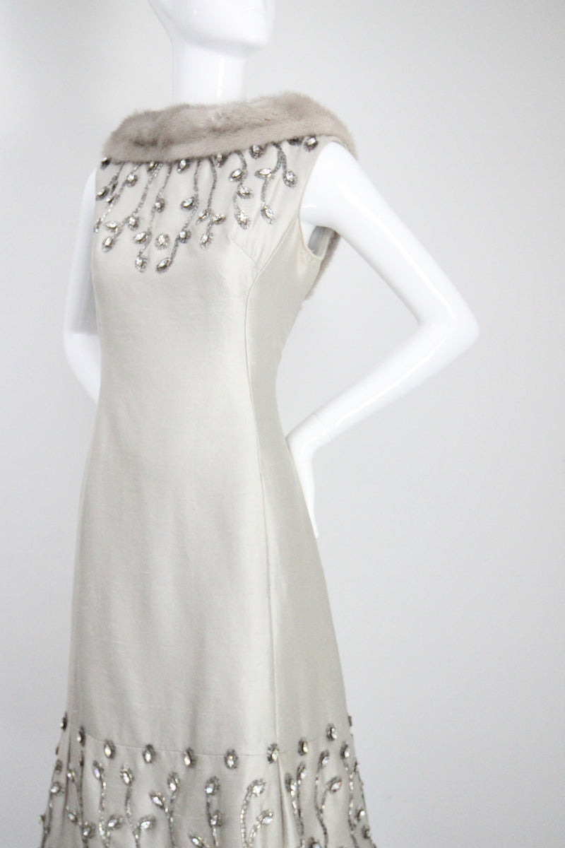 "Silver Silk & Rhinestones" Vintage 1960's Shantung Silk & Beadwork Cocktail Dress UK 10-12 US 6-8