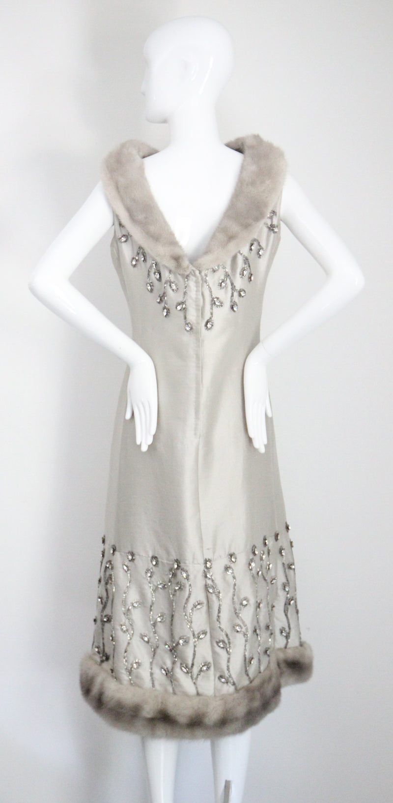 "Silver Silk & Rhinestones" Vintage 1960's Shantung Silk & Beadwork Cocktail Dress UK 10-12 US 6-8