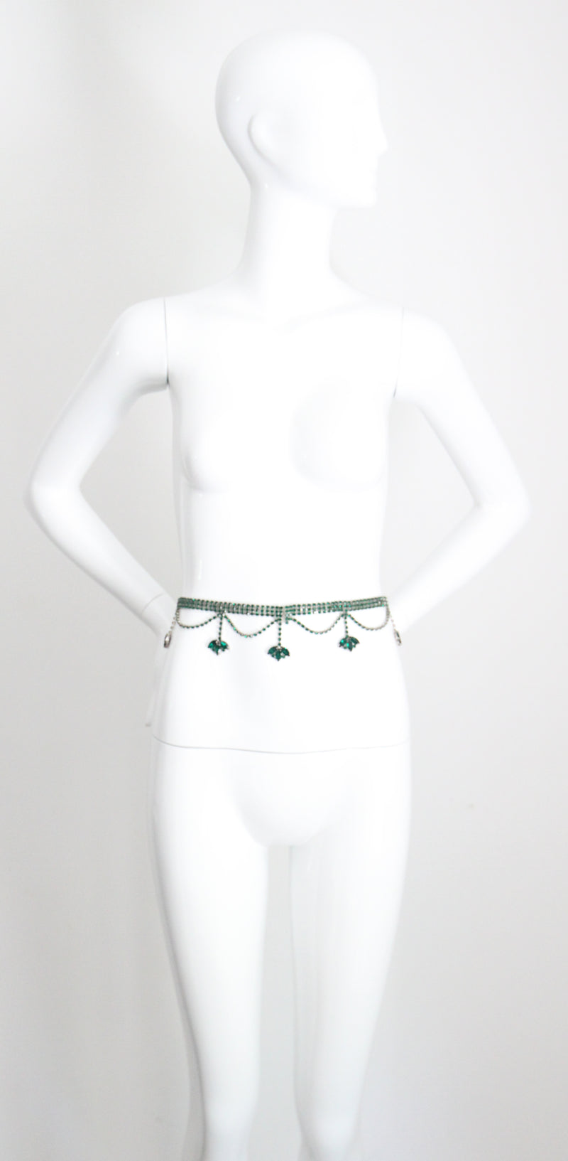 "Emerald Rhinestone Droplets" vintage 1960's Emerald Rhinestone Waist Belt UK 10 US 6