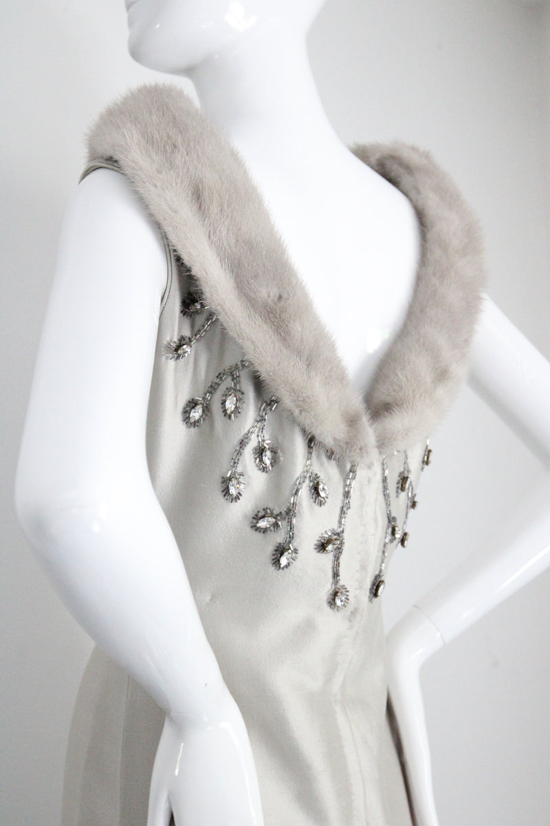 "Silver Silk & Rhinestones" Vintage 1960's Shantung Silk & Beadwork Cocktail Dress UK 10-12 US 6-8